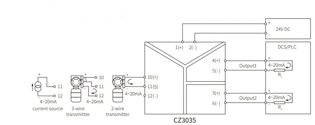 Схема подключения одноканального изолятора CZ3035 – разветвителя входных аналоговых сигналов