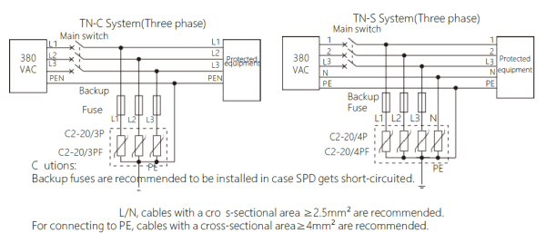 Схема подключения устройства защиты от перенапряжений C2-20/3PF с выходным сигналом сигнализации